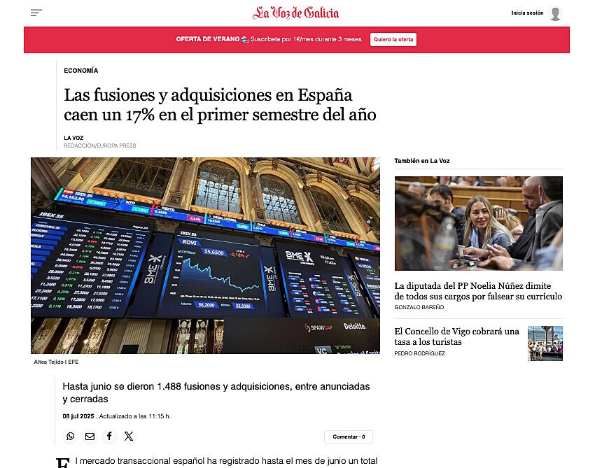 Las fusiones y adquisiciones en Espaa caen un 17% en el primer semestre del ao